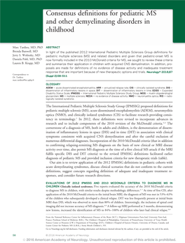 Consensus Definitions for Pediatric MS and Other Demyelinating Disorders in Childhood