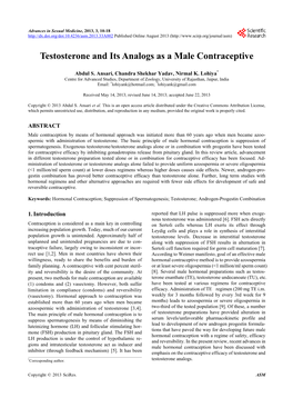 Testosterone and Its Analogs As a Male Contraceptive