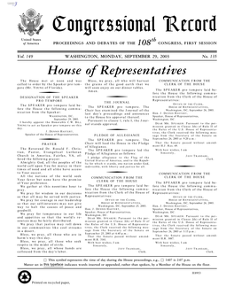 Congressional Record United States Th of America PROCEEDINGS and DEBATES of the 108 CONGRESS, FIRST SESSION