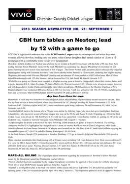 CBH Turn Tables on Neston; Lead by 12 with a Game to Go