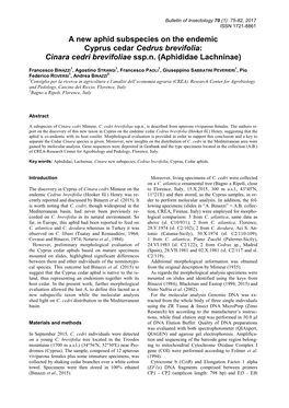 A New Aphid Subspecies on the Endemic Cyprus Cedar Cedrus Brevifolia: Cinara Cedri Brevifoliae Ssp.N. (Aphididae Lachninae)