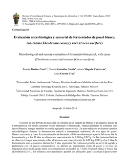 Evaluación Microbiológica Y Sensorial De Fermentados De Pozol Blanco, Con Cacao (Theobroma Cacao) Y Coco (Cocos Nucifera)