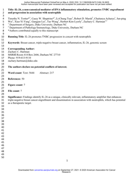 IL-26, a Non-Canonical Mediator of DNA Inflammatory Stimulation, Promotes TNBC Engraftment 2 and Progression in Association with Neutrophils 3 4 Timothy N