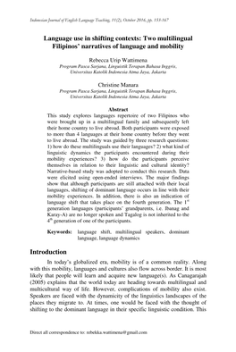 Language Use in Shifting Contexts: Two Multilingual Filipinos' Narratives of Language and Mobility Introduction