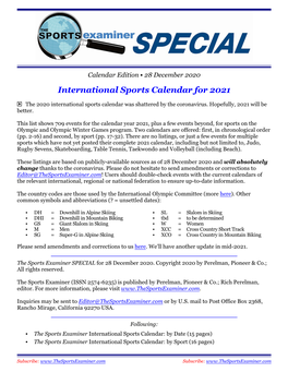 International Sports Calendar for 2021