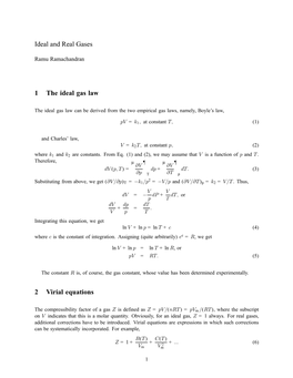 Ideal and Real Gases 1 the Ideal Gas Law 2 Virial Equations