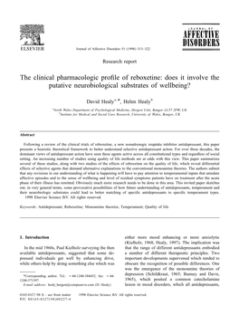 The Clinical Pharmacologic Profile of Reboxetine