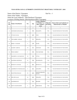 Name of the District: Vijayapura Part No :- 1 Name of the Taluka: Vijayapura Location of Polling Station: Zilla Panchayat Offic