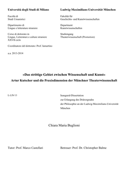 Das Strittige Gebiet Zwischen Wissenschaft Und Kunst« Artur Kutscher Und Die Praxisdimension Der Münchner Theaterwissenschaft