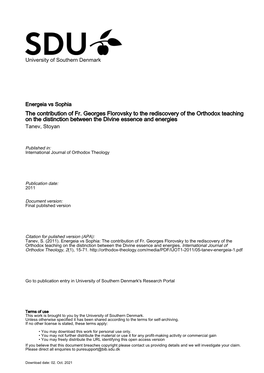 The Contribution of Fr. Georges Florovsky to the Rediscovery of the Orthodox Teaching on the Distinction Between the Divine Essence and Energies Tanev, Stoyan