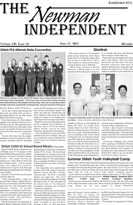 June 27, 2013 Volume 139, Issue 26 Summer Shiloh Youth Volleyball Camp Gloritrek Shiloh CUSD #1 School Board Meets by Dana Hales