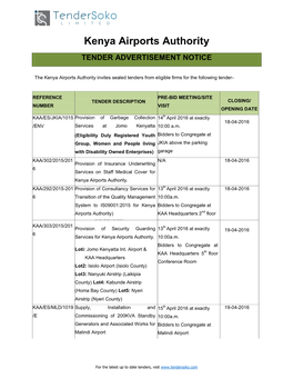 Kenya Airports Authority TENDER ADVERTISEMENT NOTICE