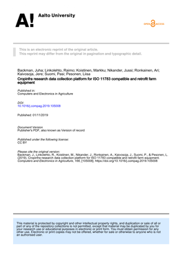 Cropinfra Research Data Collection Platform for ISO 11783 Compatible and Retrofit Farm Equipment