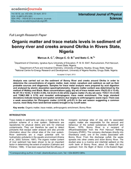 Organic Matter and Trace Metals Levels in Sediment of Bonny River and Creeks Around Okrika in Rivers State, Nigeria