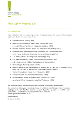 Philosophy Reading List ______