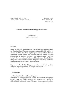 Evidence for a Burushaski-Phrygian Connection Ilija Čašule Abstract