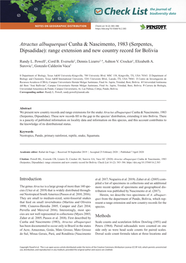 Atractus Albuquerquei Cunha & Nascimento, 1983 (Serpentes, Dipsadidae): Range Extension and New Country Record for Bolivia