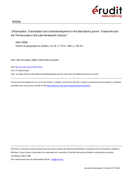 Urbanization, Colonization and Underdevelopment in the Bas-Saint-Laurent : Fraserville and the Témiscouata in the Late Nineteenth Century