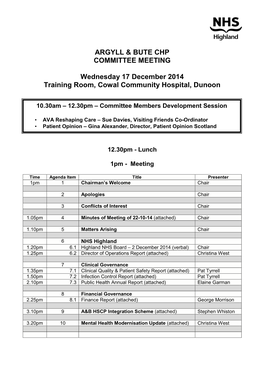 ARGYLL & BUTE CHP COMMITTEE MEETING Wednesday 17 December 2014 Training Room, Cowal Community Hospital, Dunoon