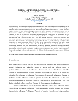 BALI in a MULTICULTURALAND GLOBALISED WORLD: Religion, Tolerance, Solidarity and Harmonious Life