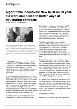 Algorithmic Incentives: New Twist on 30 Year- Old Work Could Lead to Better Ways of Structuring Contracts 25 April 2012, by Larry Hardesty