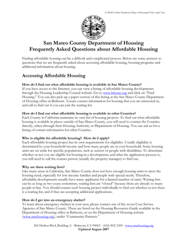 San Mateo County Department of Housing Frequently Asked Questions About Affordable Housing