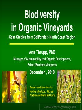 Biodiversity in Organic Vineyards Case Studies from California’S North Coast Region