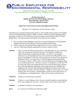 Partial Transcript Of: Buffalo and Fort Erie Public Bridge Authority Board Meeting, April 25, 2014 Fort Erie, Ontario (Canada)