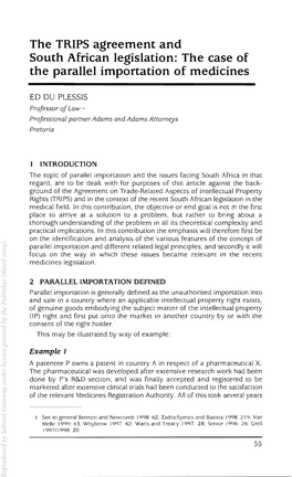 The TRIPS Agreement and South African Legislation: the Case of the Parallel Importation of Medicines