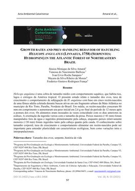 Growth Rates and Prey-Handling Behavior of Hatchling Helicops Angulatus (Linnaeus, 1758) (Serpentes; Hydropsini) in the Atlantic Forest of Northeastern Brazil