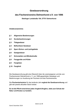 Gewässerordnung Des Fischereivereins Delmenhorst E.V. Von 1896