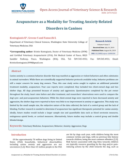 Kontogianis K, Et Al. Acupuncture As a Modality for Treating Anxiety Related Disorders in Copyright© Kontogianis K, Et Al