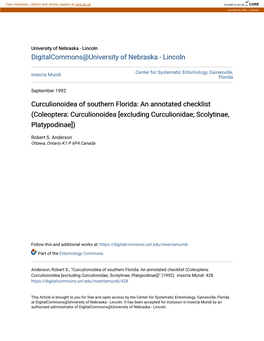 Curculionoidea of Southern Florida: an Annotated Checklist (Coleoptera: Curculionoidea [Excluding Curculionidae; Scolytinae, Platypodinae])