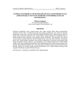 LEMBAGA PENDIDIKAN MUHAMMADIYAH (TELAAH PEMIKIRAN K.H. AHMAD DAHLAN TENTANG PEMBARUAN PENDIDIKAN ISLAM DI INDONESIA) Wahyu Leng