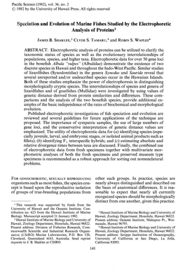 Speciation and Evolution of Marine Fishes Studied by the Electrophoretic Analysis of Proteins!