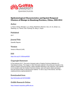 Epidemiological Characteristics and Spatial-Temporal Clusters of Mumps in Shandong Province, China, 2005–2014