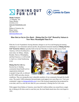 Dine out (Or In) to Give Back – Dining out for Life® Hosted by Subaru Is Now More Meaningful Than Ever