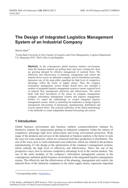 The Design of Integrated Logistics Management System of an Industrial Company