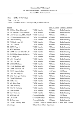 Minutes of the 9 Meeting of the Traffic and Transport Committee (2016