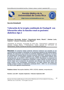 Valoración De La Terapia Combinada De Enalapril Con Irbesartán Sobre La Función Renal En Pacientes Diabéticos Tipo 2