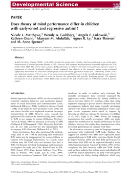 Does Theory of Mind Performance Differ in Children with Earlyonset and Regressive Autism?