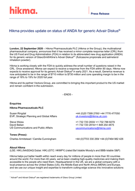 Hikma Provides Update on Status of ANDA for Generic Advair Diskus®