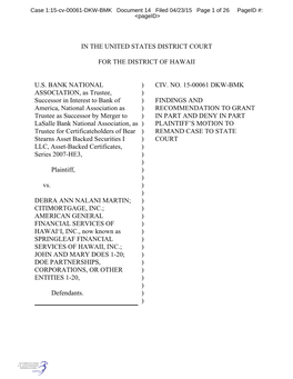 IN the UNITED STATES DISTRICT COURT for the DISTRICT of HAWAII U.S. BANK NATIONAL ASSOCIATION, As Trustee, Successor in Interes