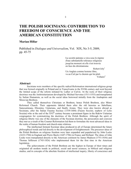 The Polish Socinians: Contribution to Freedom of Conscience and the American Constitution