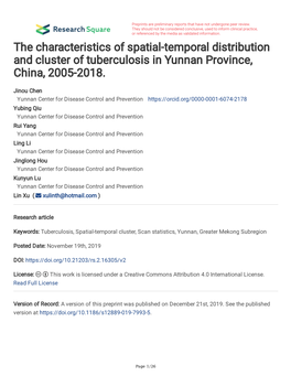 The Characteristics of Spatial-Temporal Distribution and Cluster of Tuberculosis in Yunnan Province, China, 2005-2018