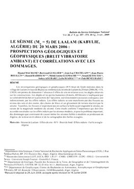 LE SÉISME (Mw 5) DE LAALAM (KABYLIE, ALGÉRIE) DU 20 MARS 2006 : PROSPECTIONS GÉOLOGIQUES ET GÉOPHYSIQUES (BRUIT VIBRATOIRE AMBIANT) ET CORRÉLATIONS AVEC LES DOMMAGES