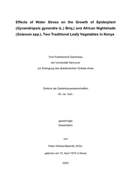 Effects of Water Stress on the Growth of Spiderplant (Gynandropsis