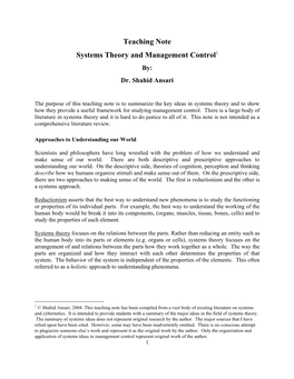 Teaching Note Systems Theory and Management Control1 By: Dr