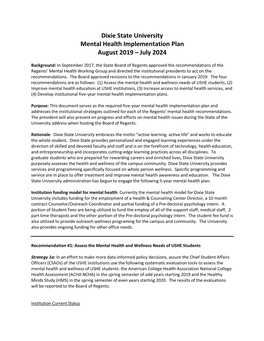 Dixie State University Mental Health Implementation Plan August 2019 – July 2024