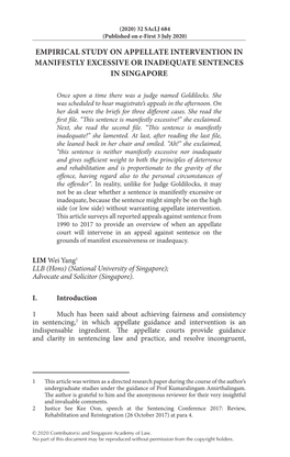 Empirical Study on Appellate Intervention in Manifestly Excessive Or Inadequate Sentences in Singapore